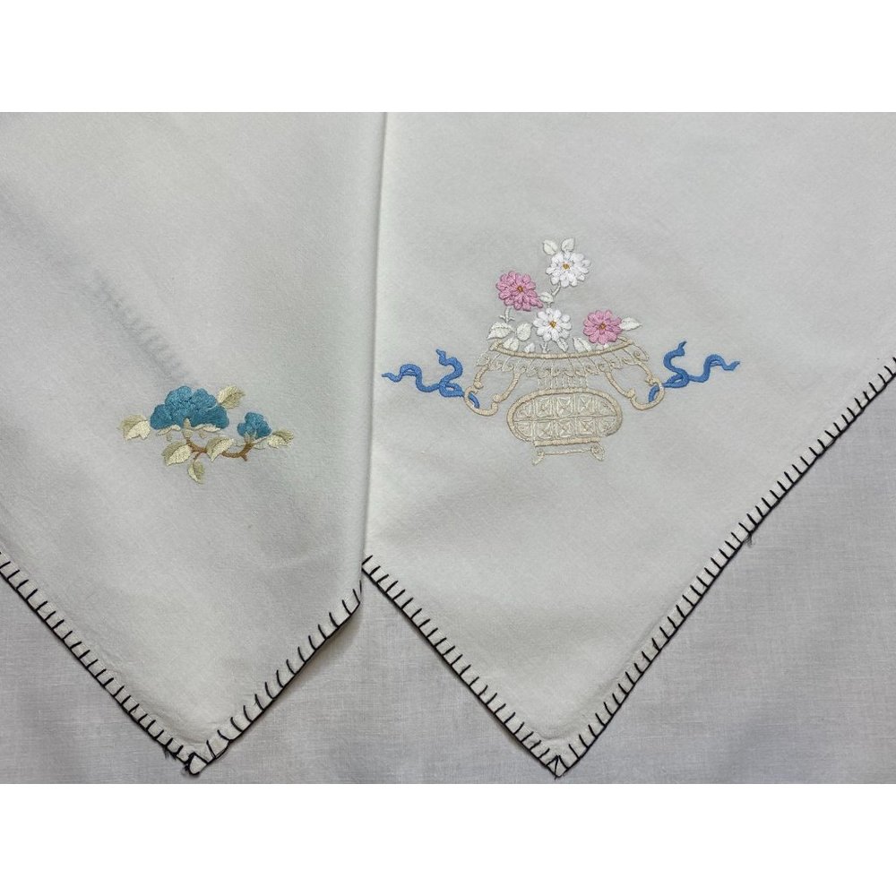 Vtg Handmade Embroidered Needlepoint Small Tablecloth Floral Ribbons Pink Blue 3